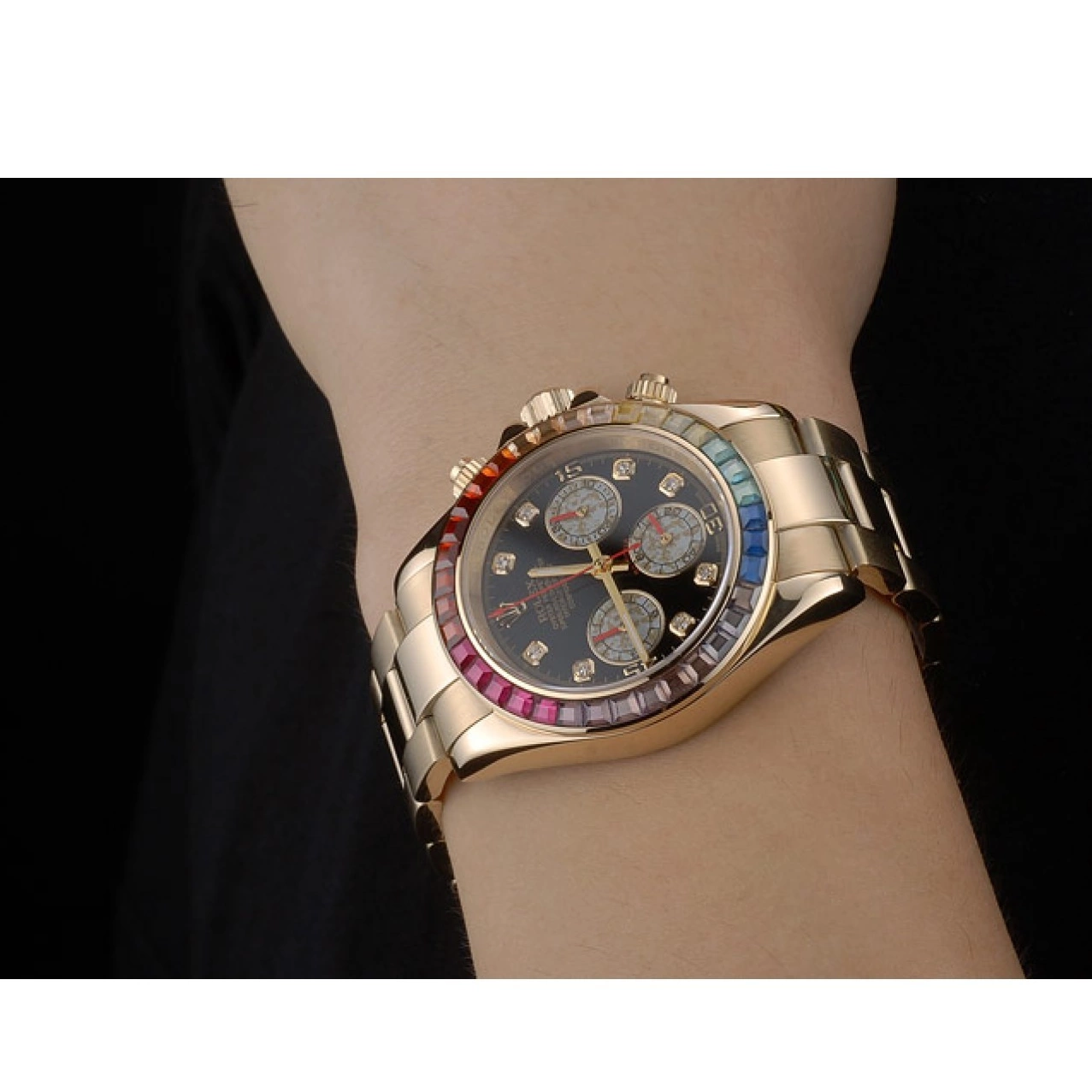 MiroTime 0816 Rolex Daytona Cosmograph Rainbow Crystals Bezel Rose Gold Strap Black Dial 80251